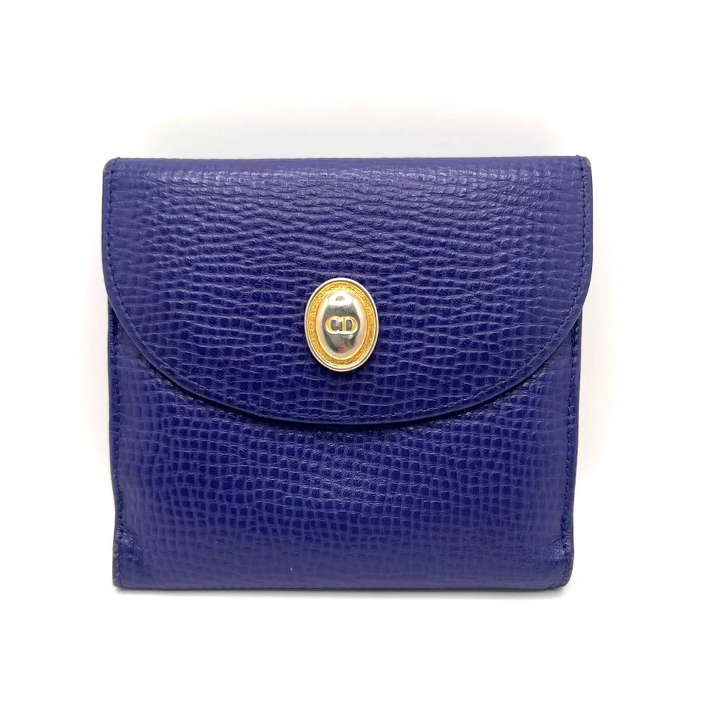 Authentic Christian Dior CD Logo Vintage Blue Leather Compact Bifold Wallet EUC